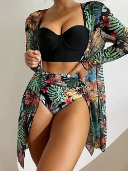 Conjunto de Bikini de 3 piezas para mujer, traje de baño Sexy con estampado Tropical, ropa de playa de realce, traje de baño de manga larga 2023