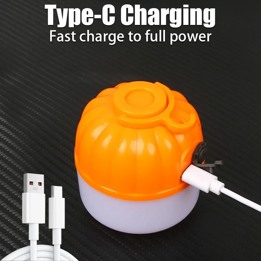 LED Camping Mini Pumpkin Light USB Rechargeable Lantern Protable Tent Light with Hook 4 Modes Outdoor Emergency Floodlight Torch