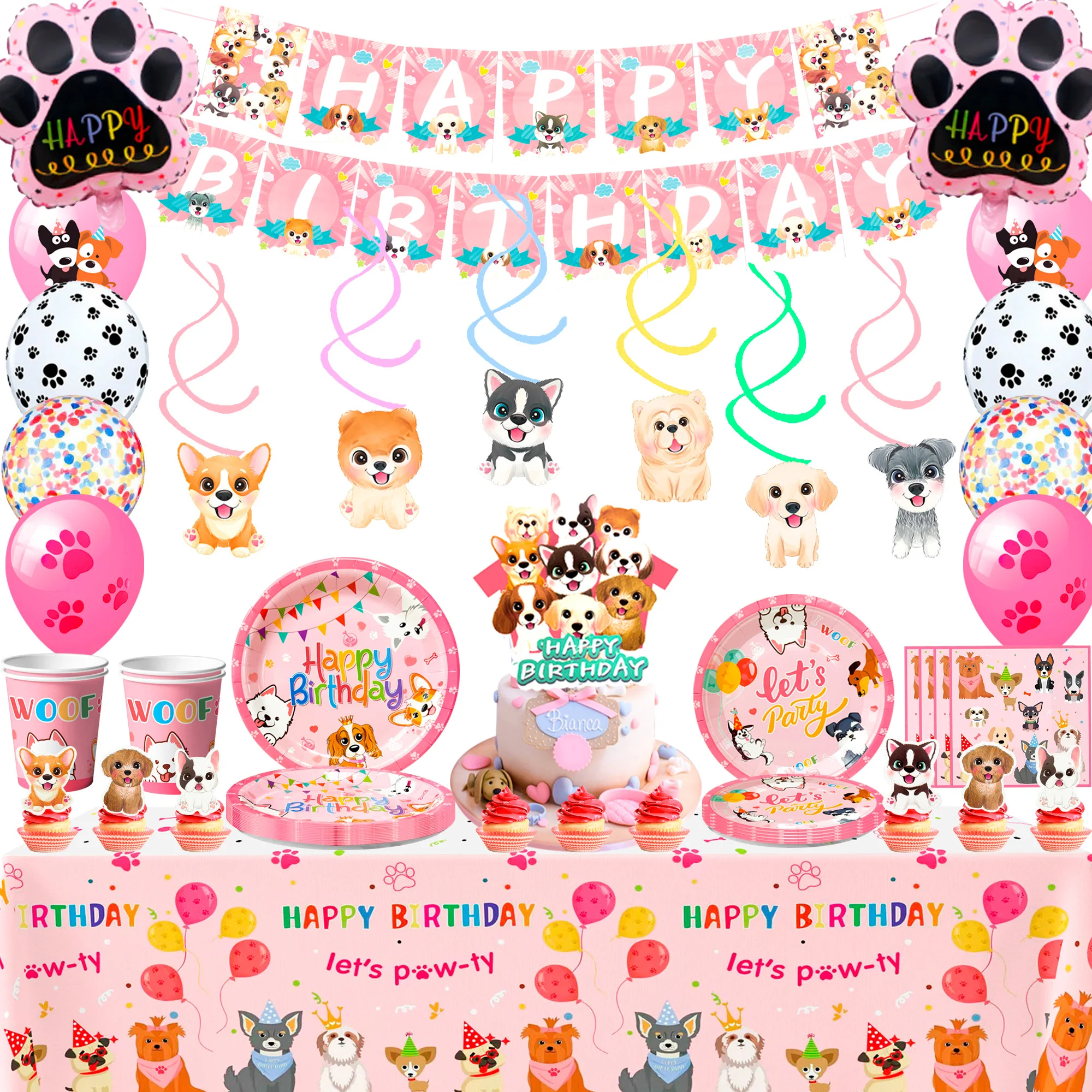 161-teiliges Welpen-Party-Dekorationsset & Rosa Hunde-Tischgeschirr - Hundeteller, Becher, Servietten & Luftballons, Cupcake-Usw. Welpen-Geburtstags-Dekoration