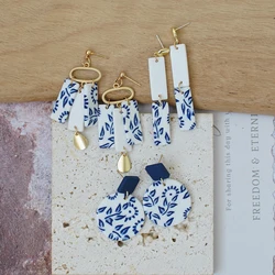 Mediterranean Style Blue Floral Clay Earrings Vintage Aesthetic White Navy Dangle Unique Artsy Tassel Fringe Jewelry Trendy Acce