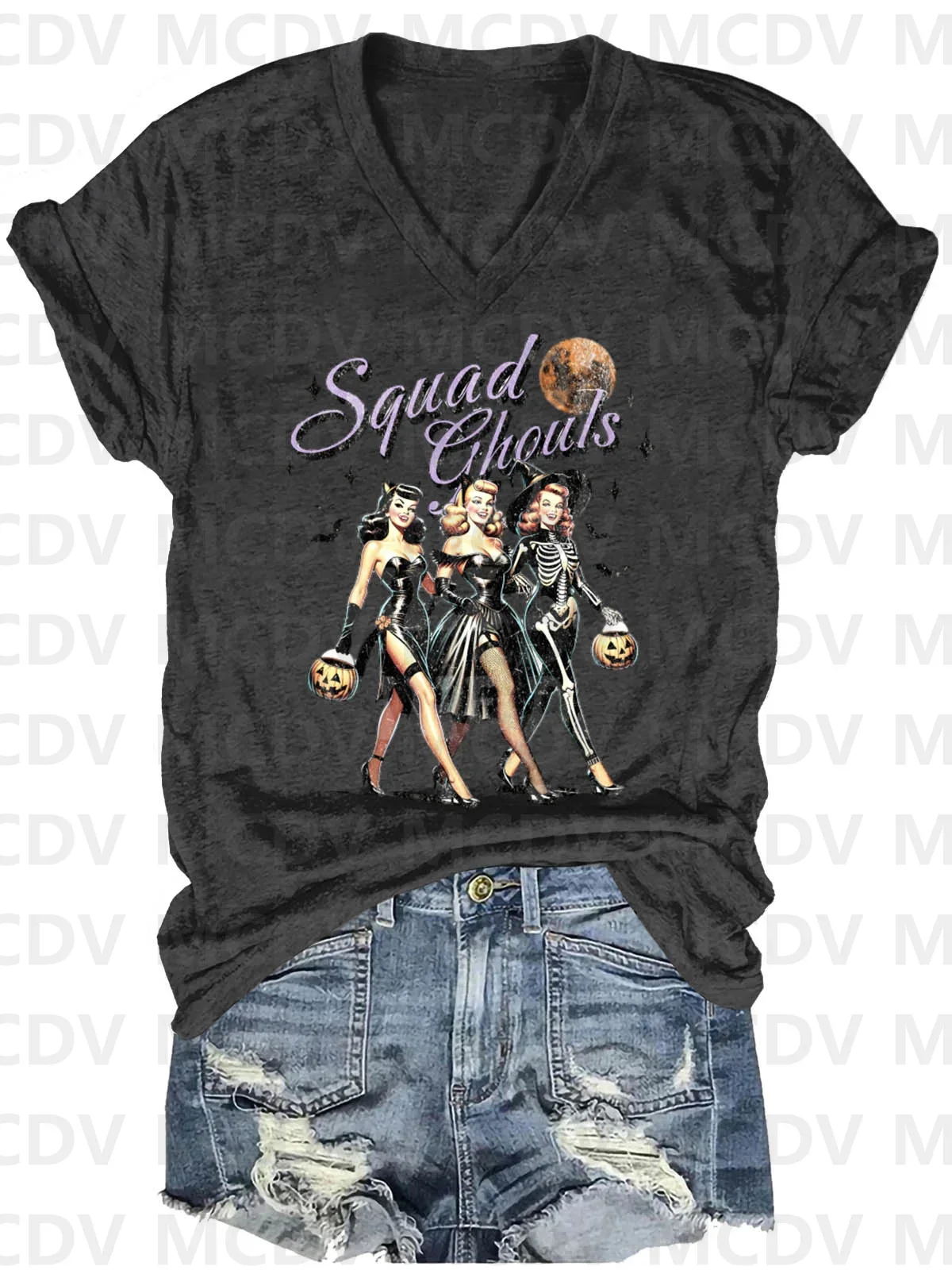 Women's Squad Ghouls Witch Spooky Season Halloween Art Print Casual T-shirt