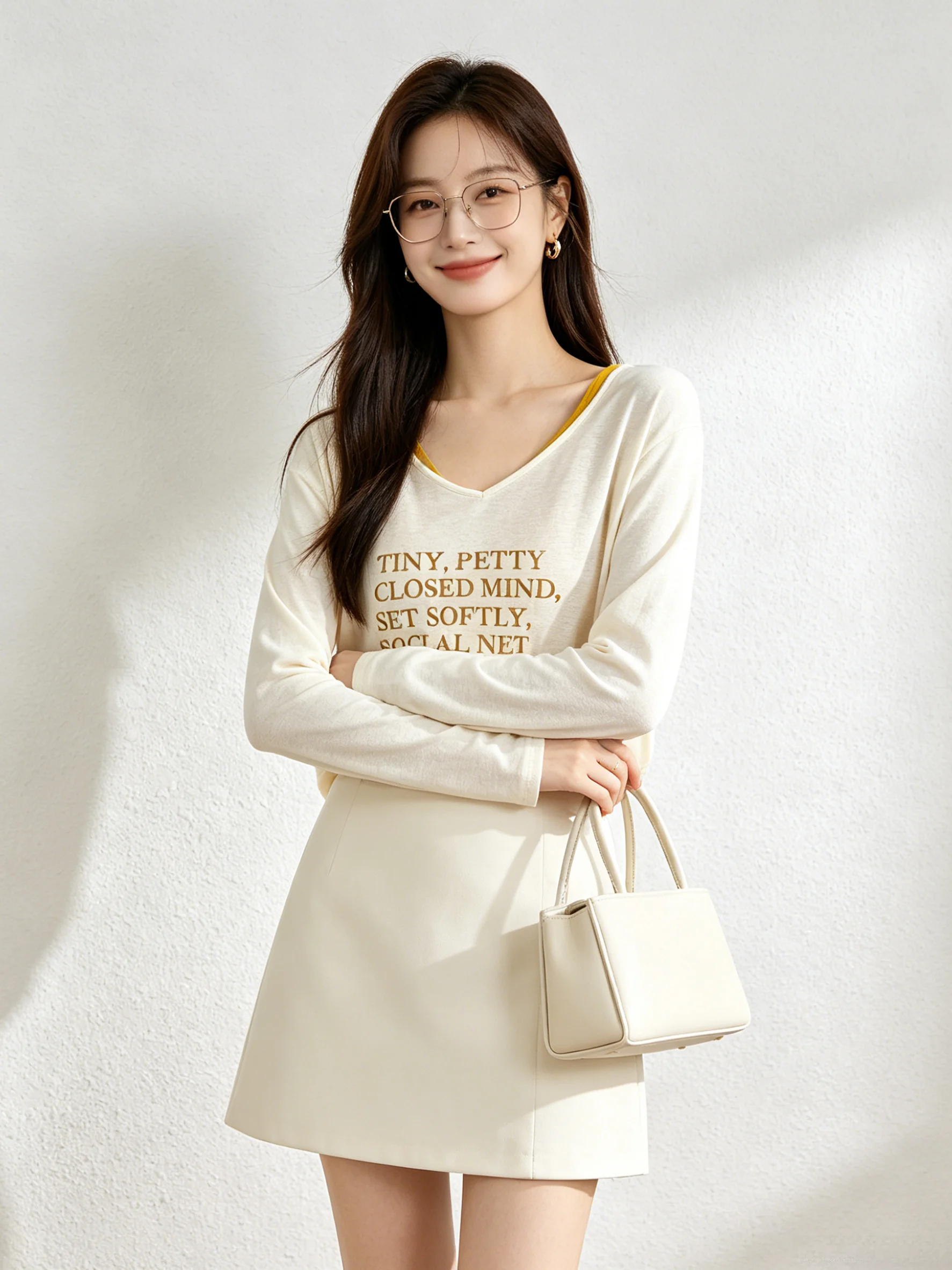 Laid-back Korean Style Simple Print V-neck Sun Protection Sleeve T-shirt Strap Vest Two-piece Set Summer Fashion Casual Wear