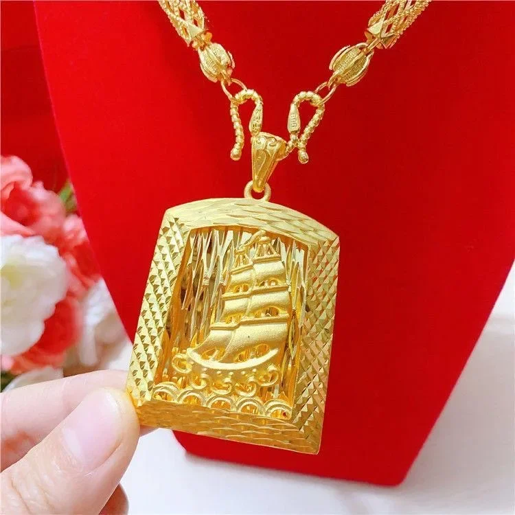 9999 Real 24K Yellow Gold Smooth Sailing Necklace/ Hollowed Car Flower Bamboo Chain, Domineering Men's Gold Pendant New Arrival