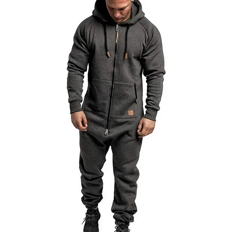 Mens Onesie Fleece Jumpsuit Pajamas Long Sleeve Warm Sweatpants Pure Color Autumn Winter Casual Hoodie Male Zipper Jumpsuit