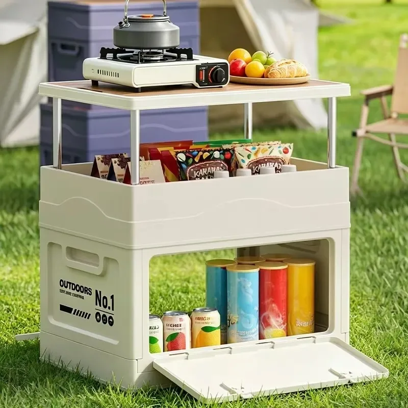 Large-capacity wooden cover foldable storage box for outdoor camping storage box table integrated vehicle camping trunk