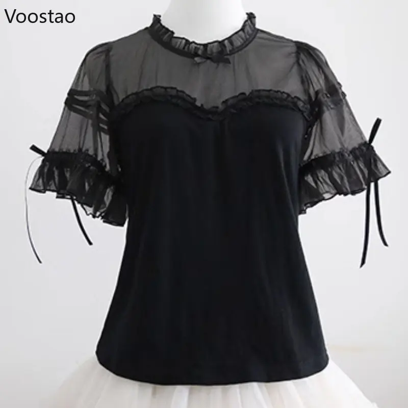 Vintage Gothic Elegant Lolita Blouses Summer Women Japanese Kawaii Lace Ruffles Mesh Bow Chiffon Shirt Girls Sweet Inside Tops