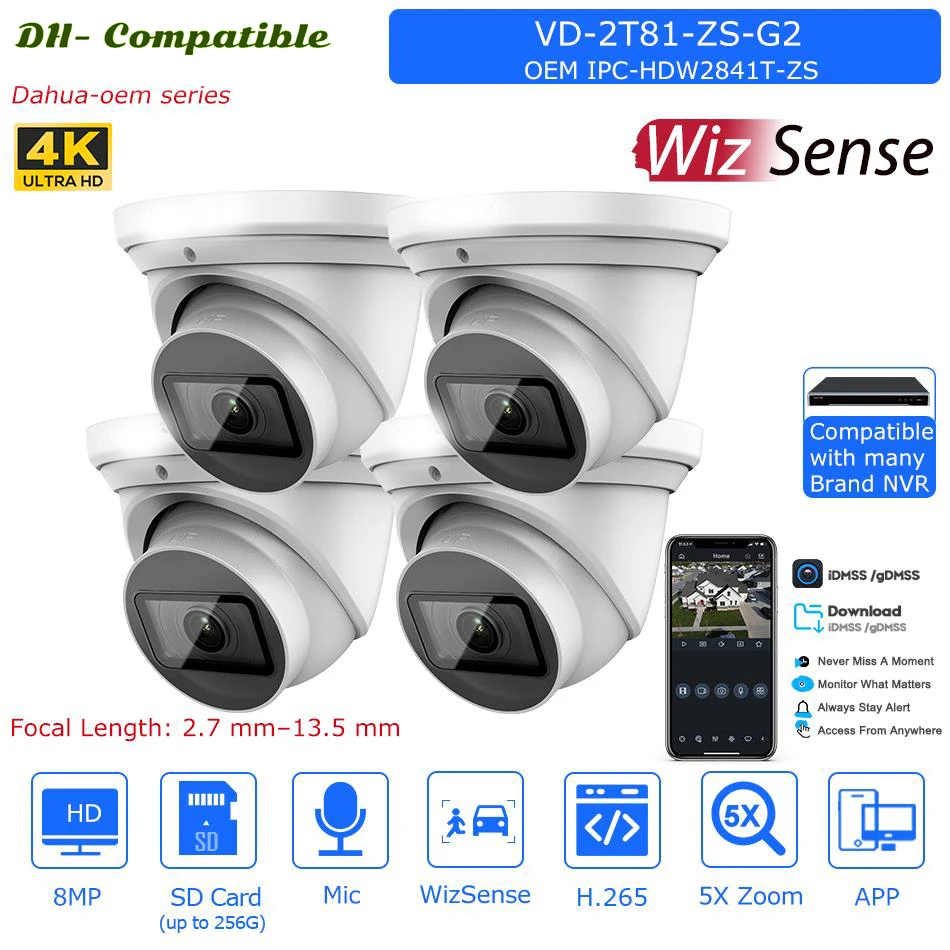 4PCS OEM Dahua 8MP IR IP Camera 5X Zoom Built-in MIC SD Card Slot IR40M IVS Surveillance Network Camera replace IPC-HDW2841T-ZS 