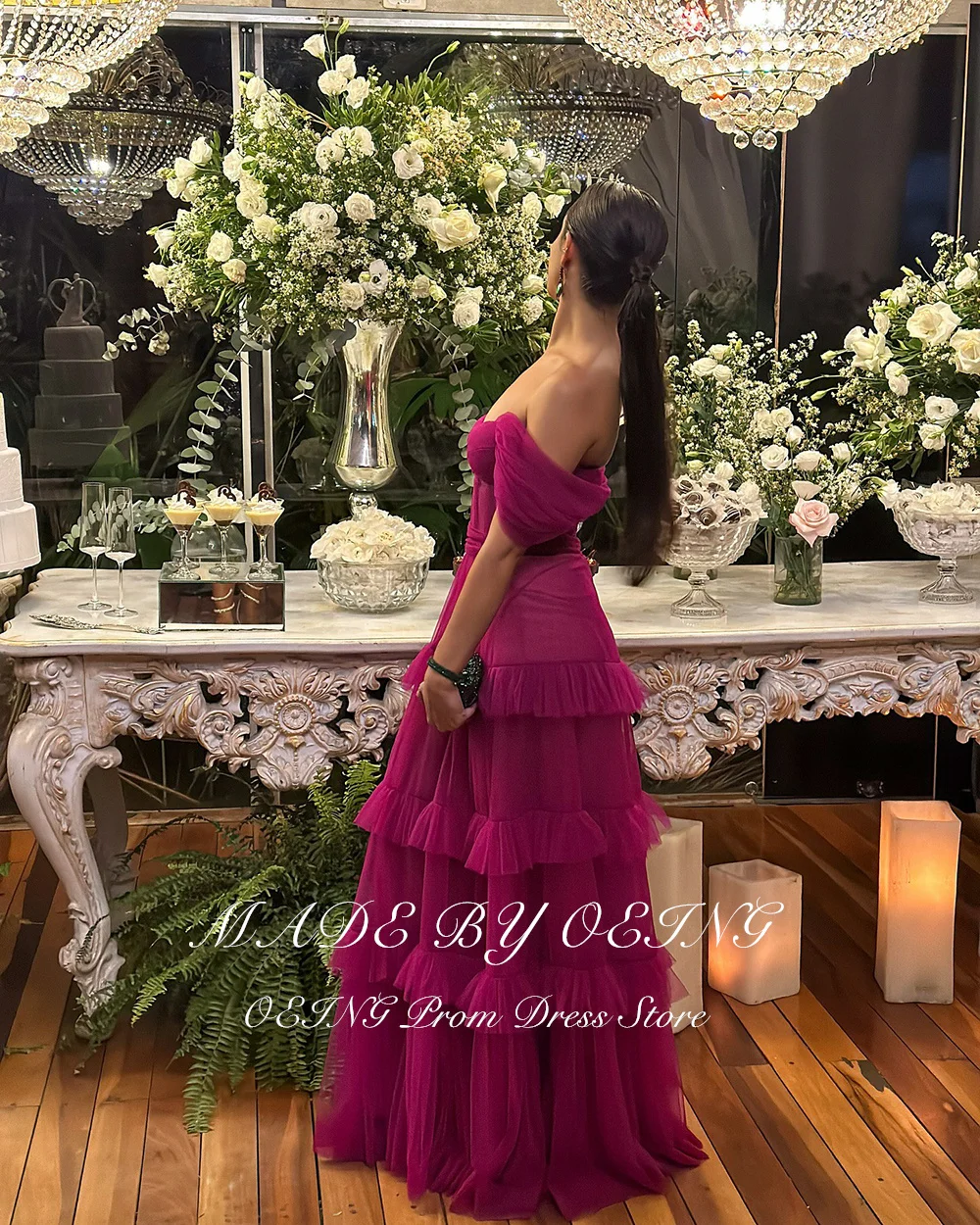 OEING Purple Tiered Tulle Layers Long Prom Dresses Off The Shoulder Party Dress Floor Length Evening Gown robes de soirée