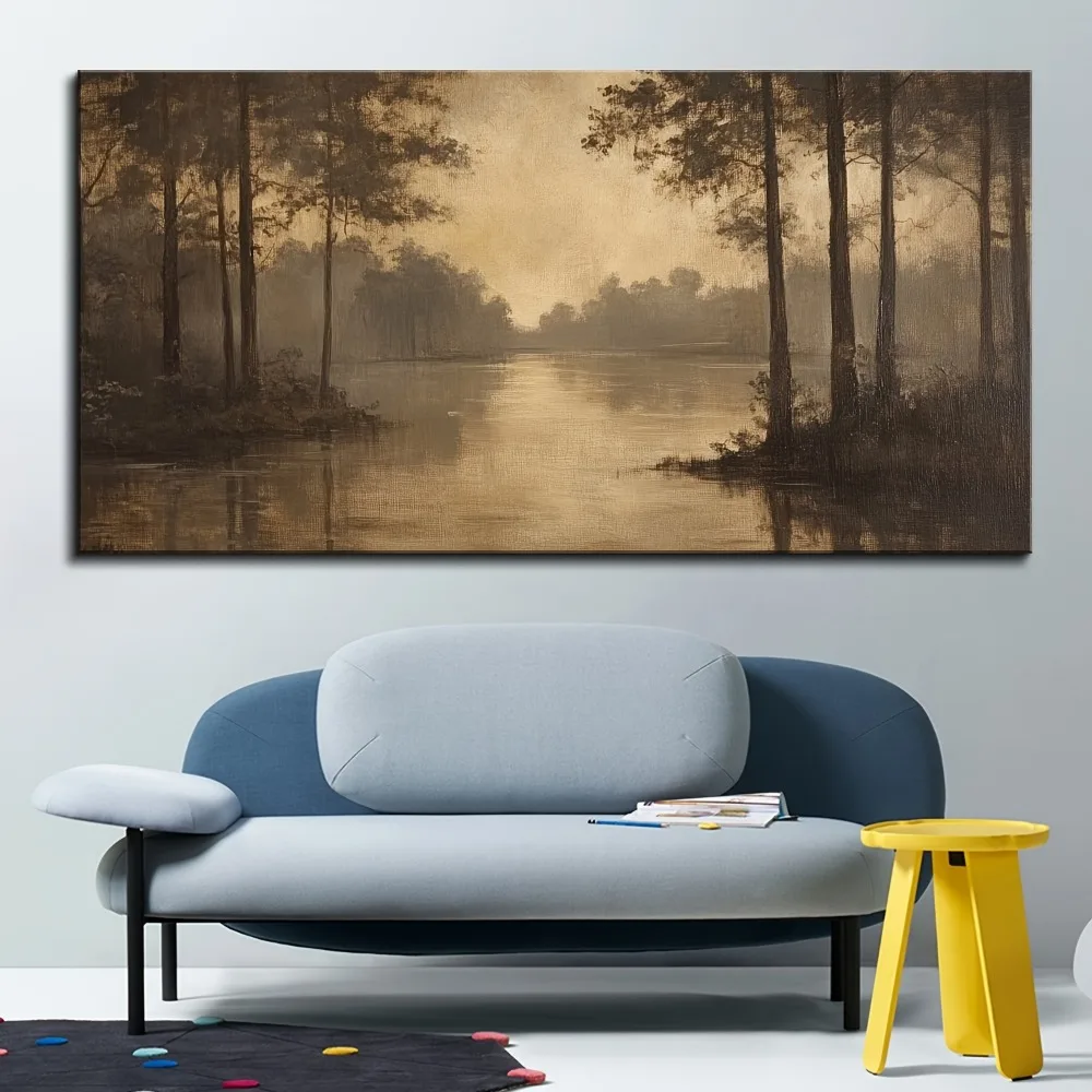 1.5 inch thick pine solid wood frame, forest mural, yellow autumn wilderness landscape artwork, hanging prints in living room