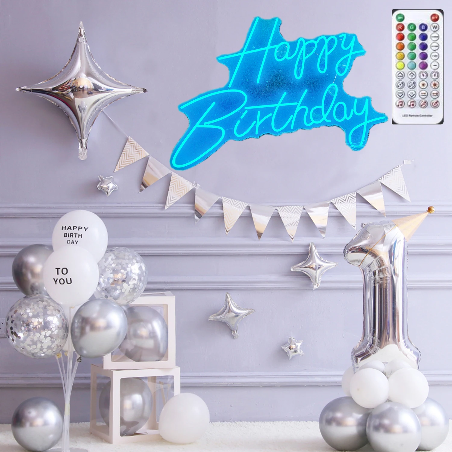 Colorful Happy Birthday Neon Sign With Remote Control, Birthday Decoration, Bedroom Decoration RGB  Light Wall Art