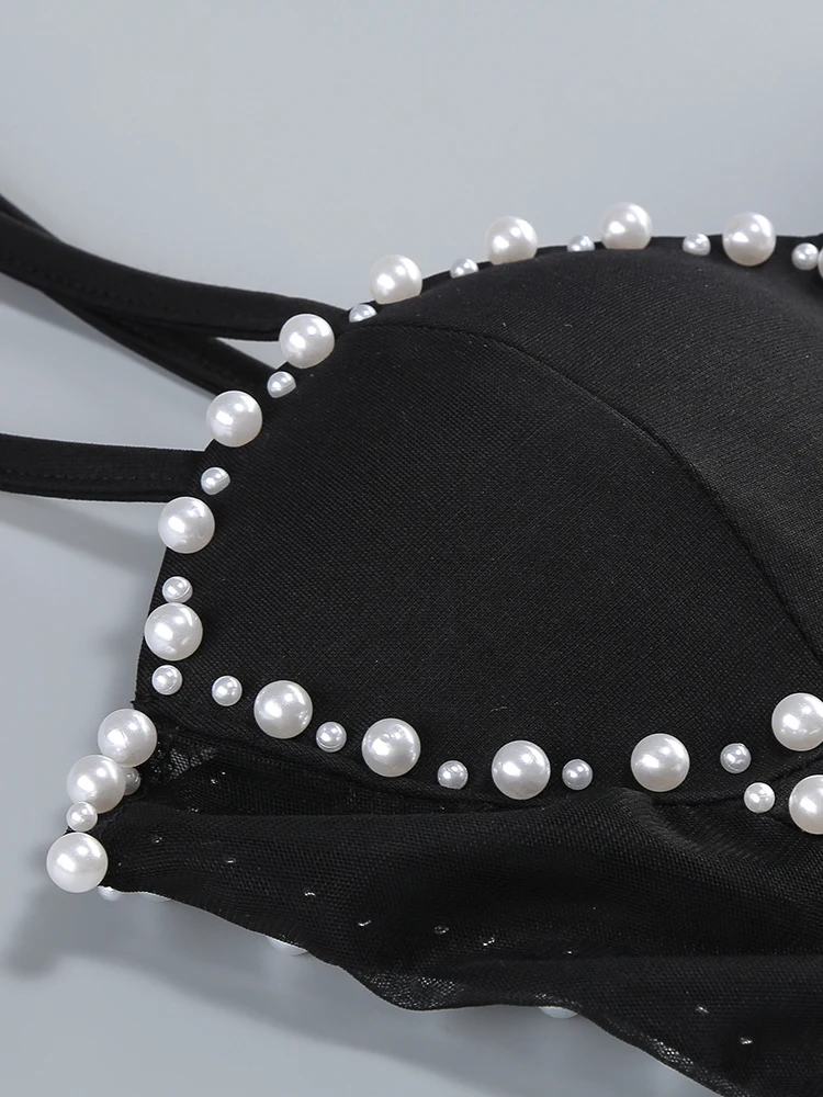 Abbigliamento da cocktail da sera, spalline sottili, patchwork in rete, abito corto con perle, nero, senza maniche, scollo a V, aderente