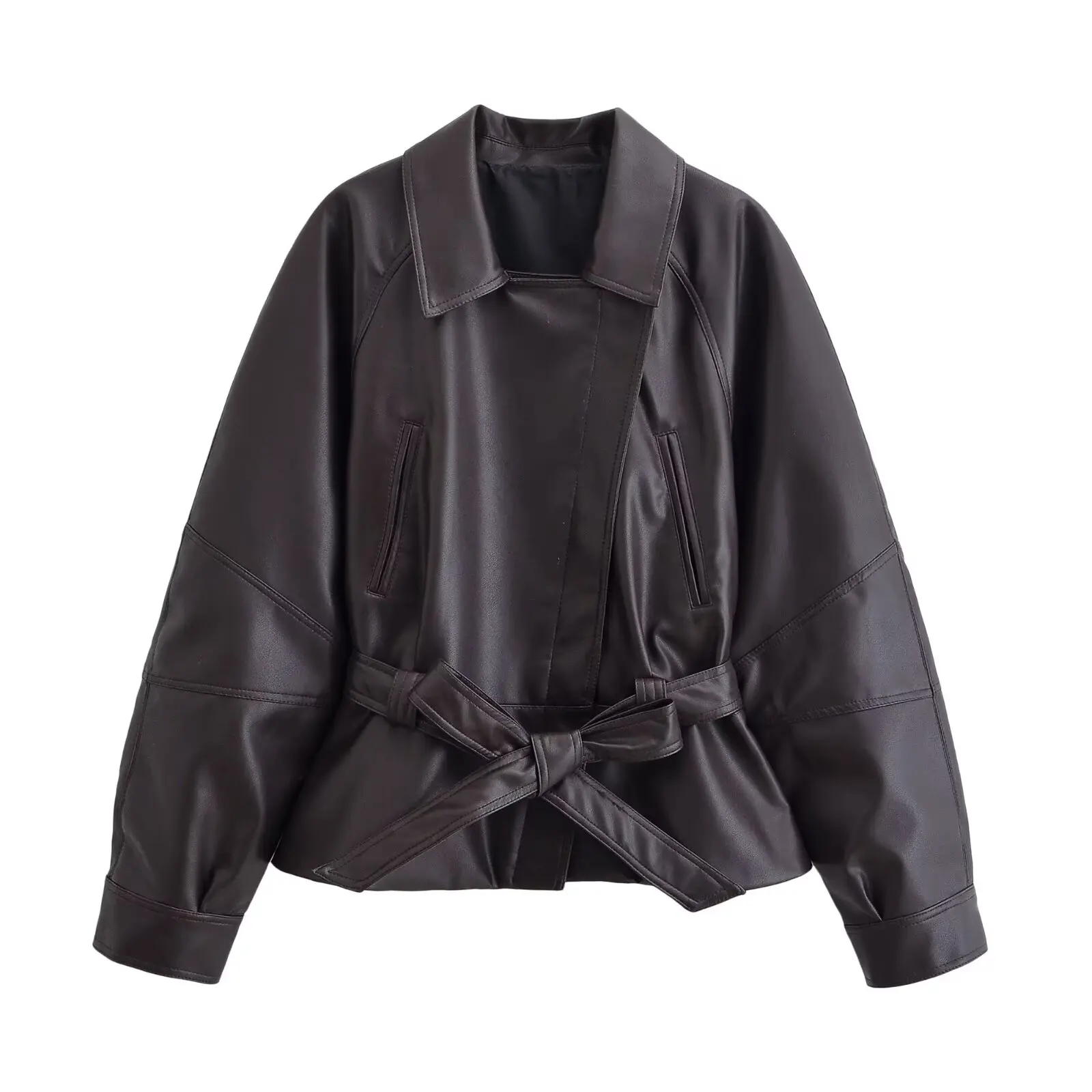 HH Damesmode Zwarte Korte Kunstleer Trenchcoat Lange Mouw Revers Jas Met Riem Vintage Dame Motorjas Uitloper - afbeelding 1
