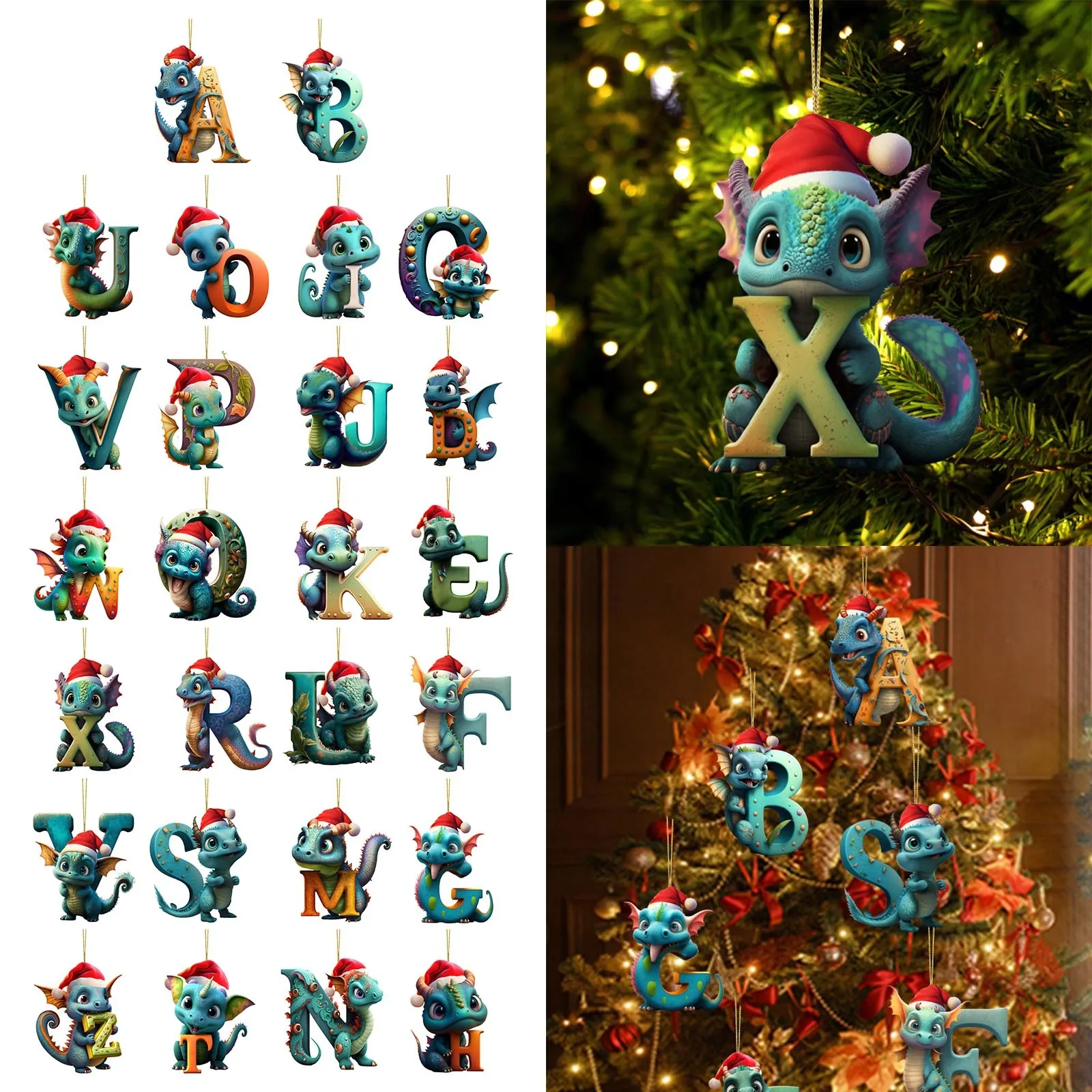 

26 Letters Christmas Cute Dragon Baby Hanging Ornament Tree Charm Decorations For 2024 New Year Home Xmas Tree Ornament Gifts