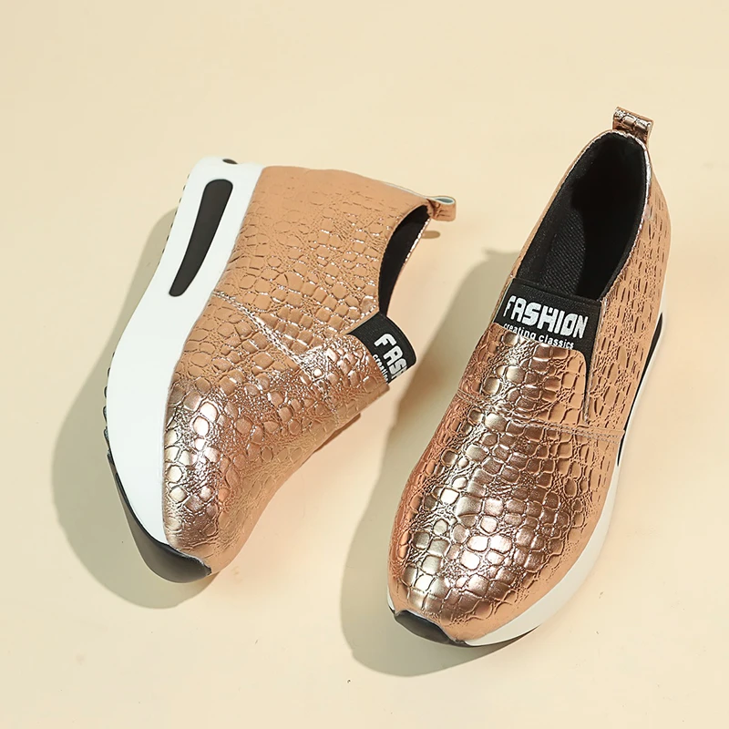 Modische Damen Metallic-Krokodil-Textur Slip-On Versteckter Keilabsatz Plateau-Schuhe Damen Höhenverstärkende Casual Walking Loafers Sneakers – Detail 18