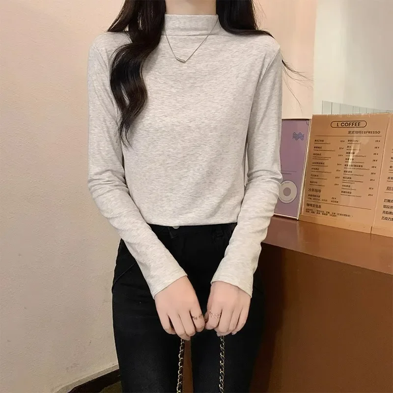 Maillard Autumn Winter Long Sleeve Bottom Shirt T-shirt Women's Plush Thickened Half High Collar Slim Fit Interior Top