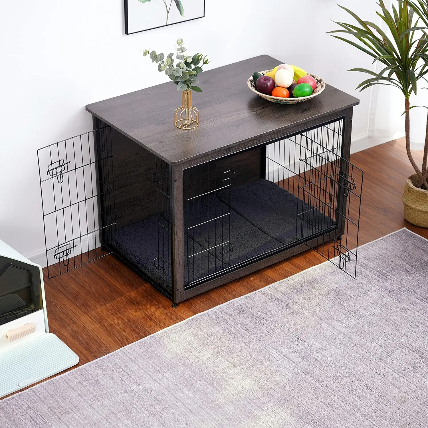 Cushion, Large Wooden Dog Crate with Double Doors, Dog Furniture, Indoor Dog Kennel, End Table