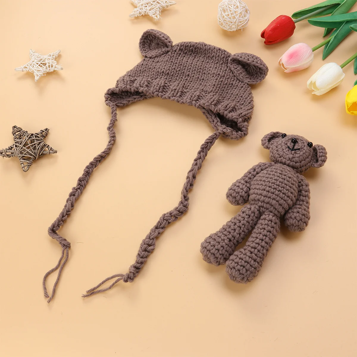 

Детская вязаная шапка для фотосъемки новорожденных цвета хаки, вязаная крючком шапка с медведем, реквизит для фотосессии для детей 0-6 месяцев, аксессуары для детской фотосессии