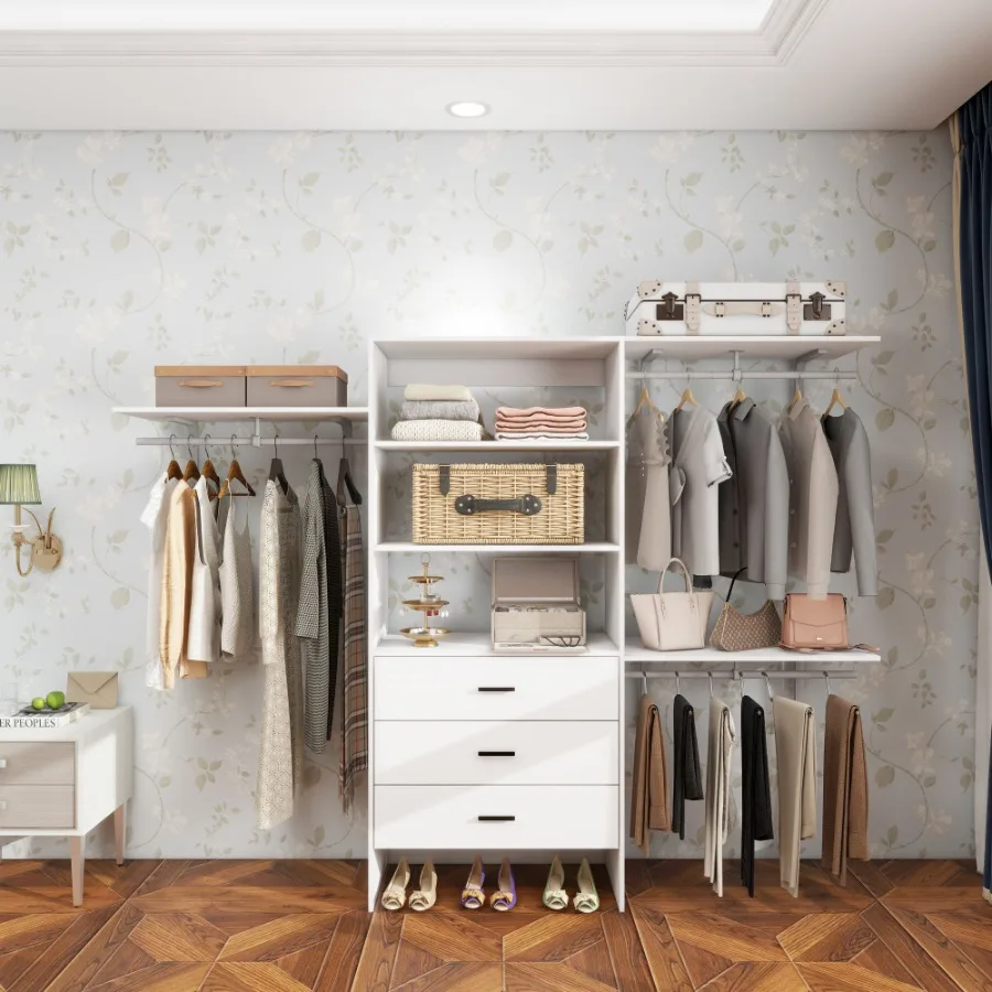 

Spacious MDF Closet Organizer with Dual Hanging Rods and Drawers Easy to Assemble Wardrobe Storage Solution