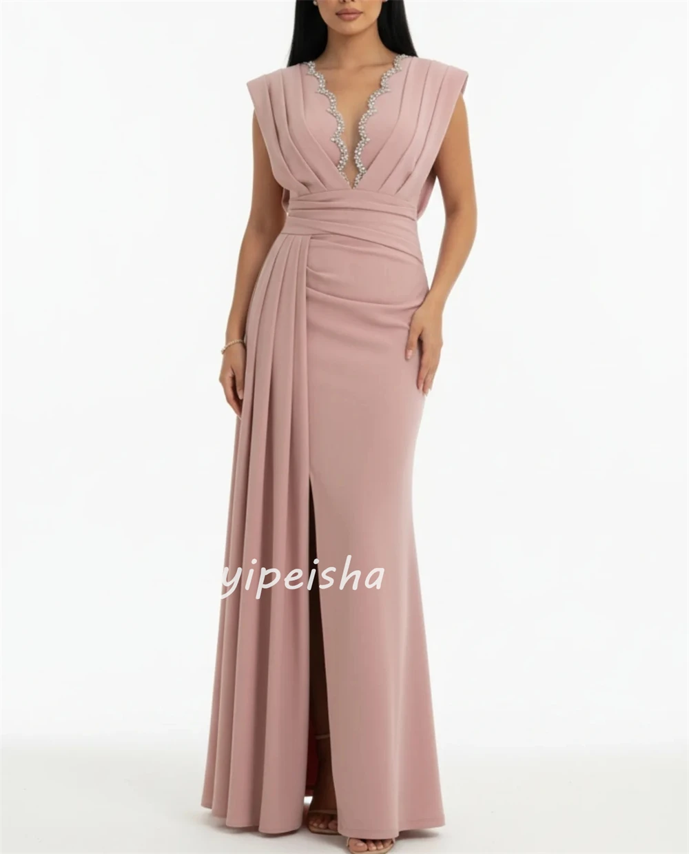 Customized Modern Style Classic Jersey Rhinestone Ruched Straight Party Dress Retro V-neck Sleeveless High Slit Evening Dresses