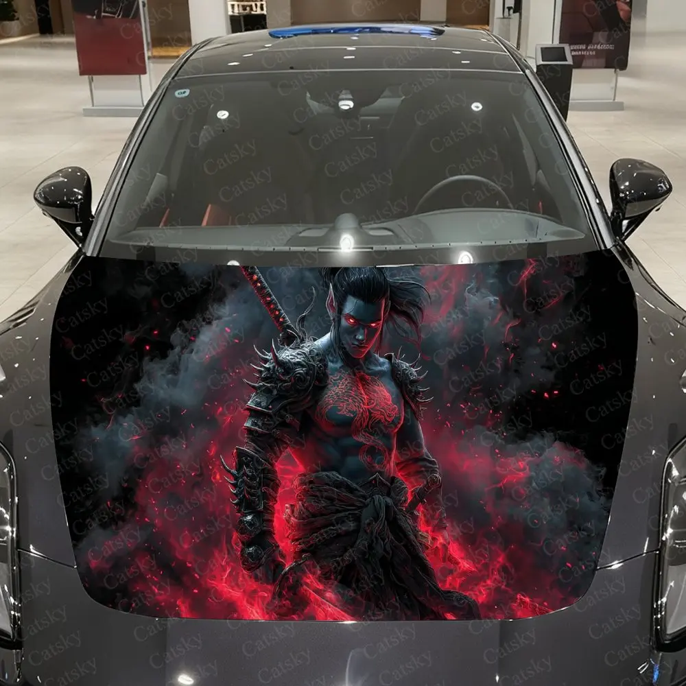 blood-flame-ghost-face-warrior-車用ビニールラップ、pvc防水カーフードステッカー、自己粘着性傷防止ステッカー