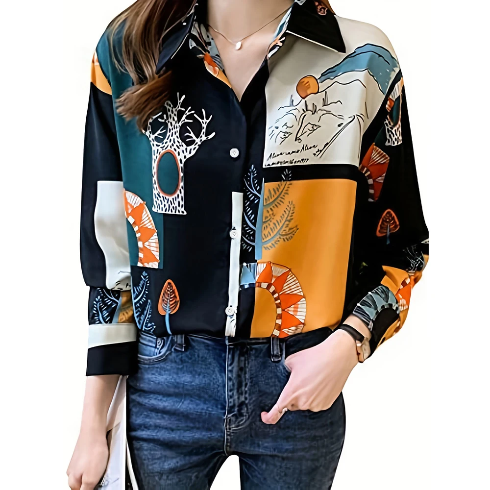 Women'S Casual Shirt 2024 New Cartoon Tree Print Shirt Elegant Long Sleeve Evening Gown Women'S Large Size Lapel Button Up Top