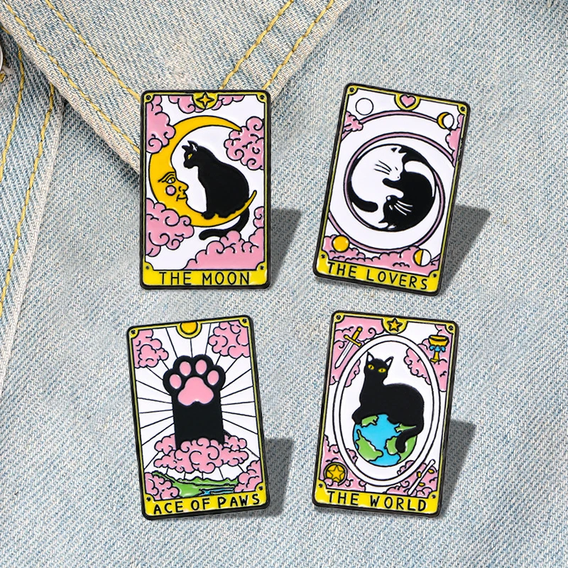 Metal badge pink cat paw black cat brooch