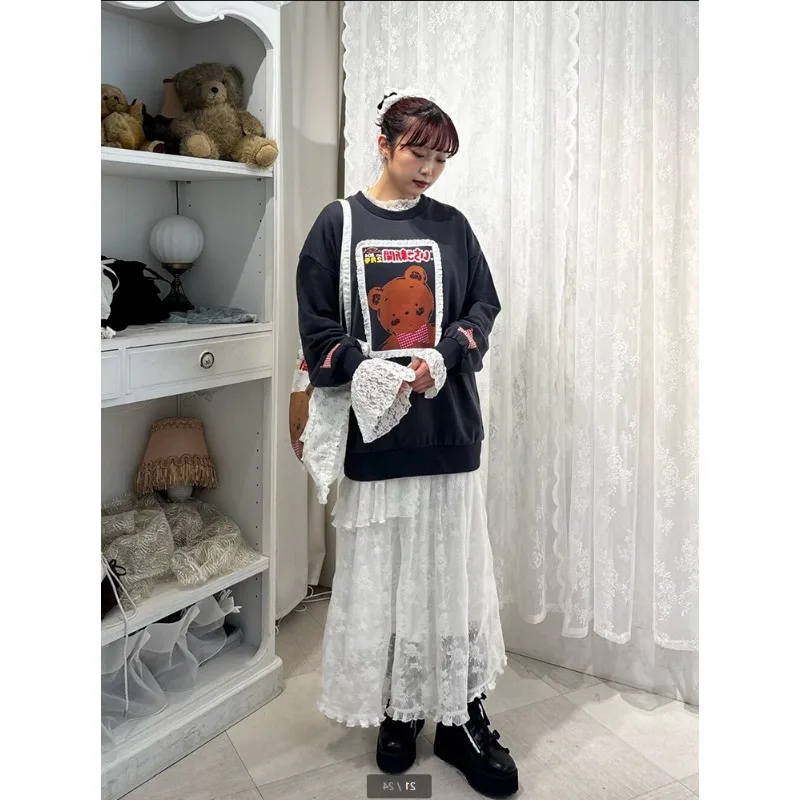 

Japanese Style Sweet Ruffled Cartoon Print Long Sleeve Pullover 2026 Spring New Versatile Mid-Length Terry Women's Sweatshirt