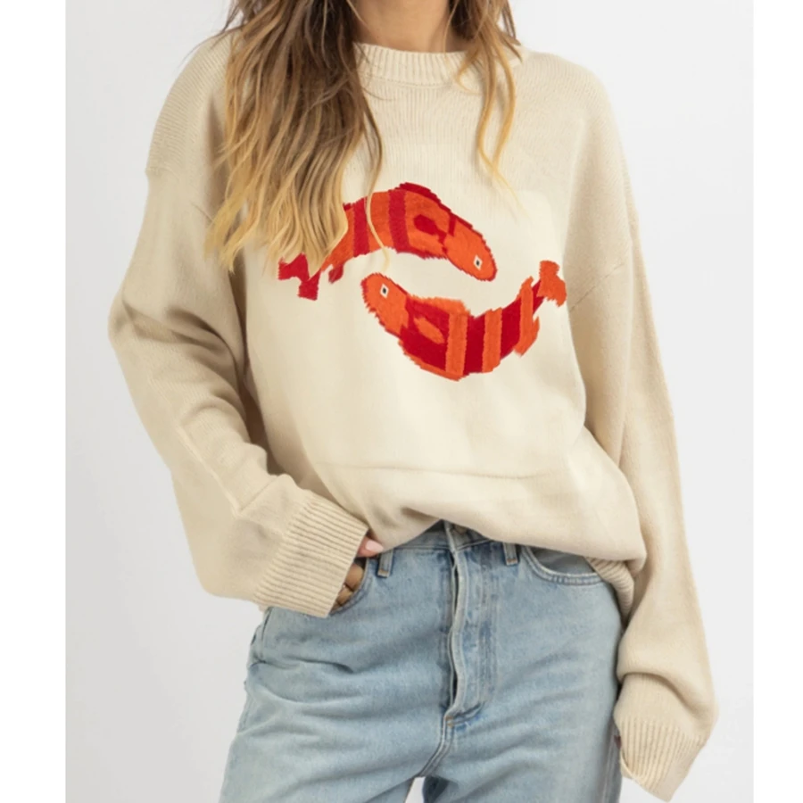 เสื้อไหมพรมผู้หญิงดีไซน์หรูหรา สไตล์ลำลอง ลายปลา แขนยาว คอกลม ทรงหลวม ใส่สบาย เหมาะสำหรับฤดูใบไม้ร่วง