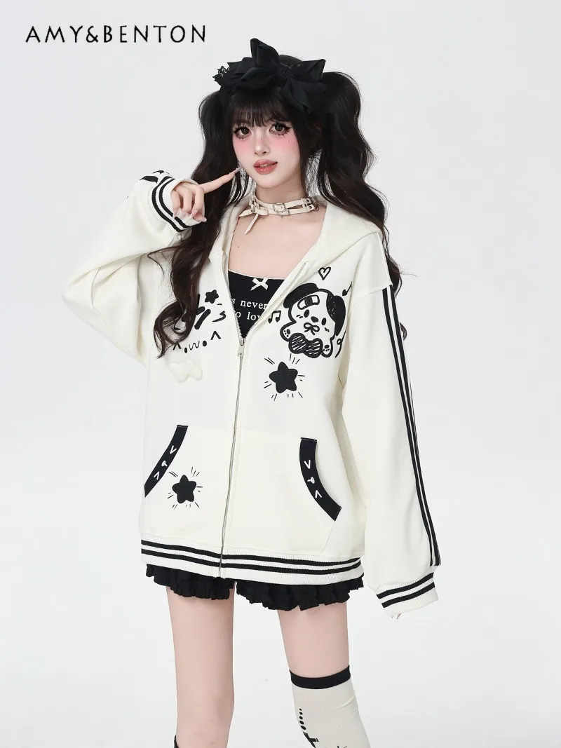 Cute Cartoon Print Kawaii Patchwork Color Hoodies Women Autumn New Preppy Style Sweet Loose Versatile Zipper Sweatshirt Students