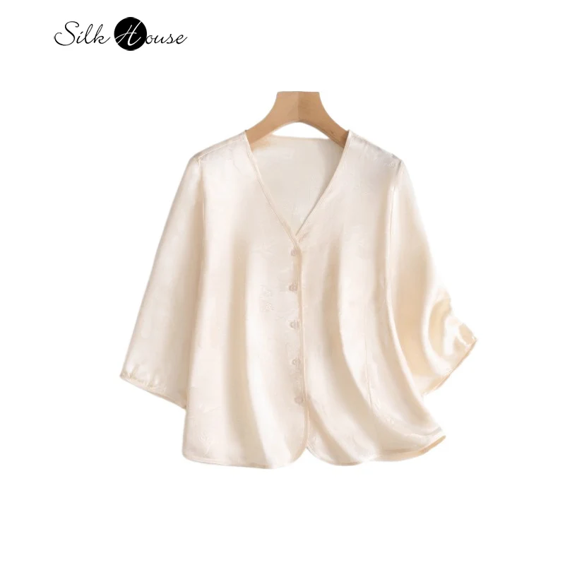 

New Chinese Style 100% Natural Mulberry Silk Flower Rose Butterfly Jacquard Beige Mid Sleeved V-neck Women's Casual Shirt