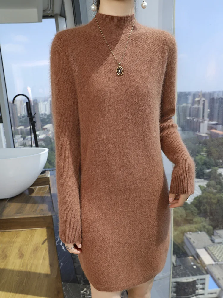 Women Cashmere Sweater Dress Autumn Winter Mock Neck Slim Solid Soft Pullover 100% Mink Cashmere Knitwear Korean Popular Clothes