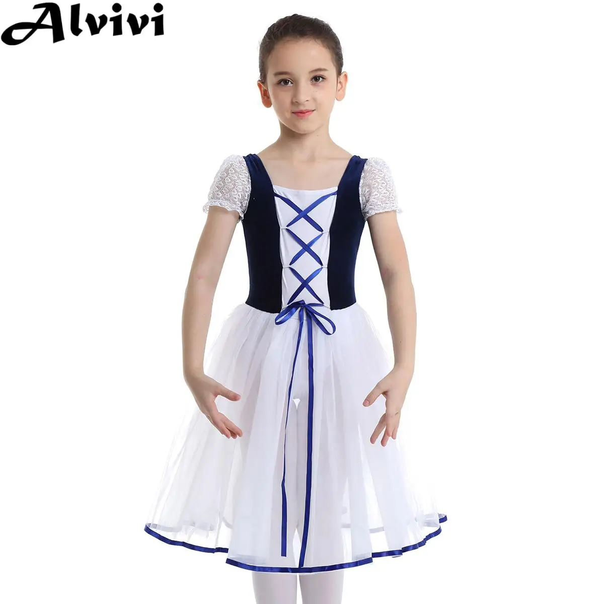 Children Girls Ballet Lyrical Dance Gymnastics Leotard Dress Short Sleeve Velvet Mesh Lace Tutu Medieval Princess Cosplay Dress