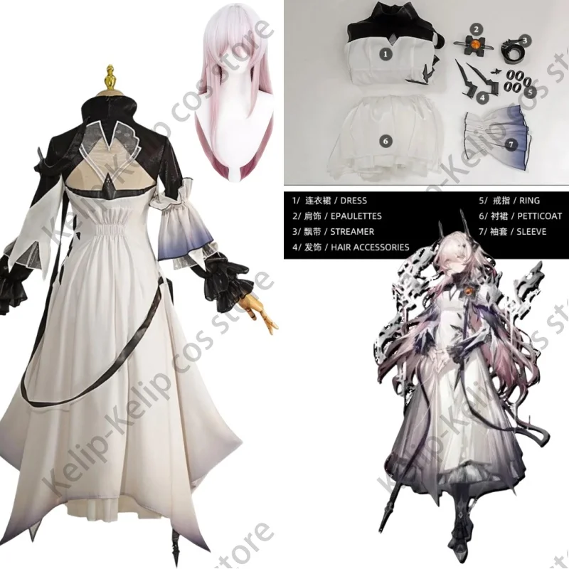 Game Arknights Theresa Civilight Eterna Cosplay Costume Anime Sarkaz White Dress Headwear Wig Woman Halloween Christmas Suit