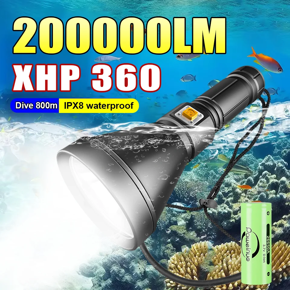 Super Bright XHP360 LED Diveing Flashlight 200000LM Powerful Led Diveing Torch IPX8 Waterproof Professional Dive 800m Scuba Lamp