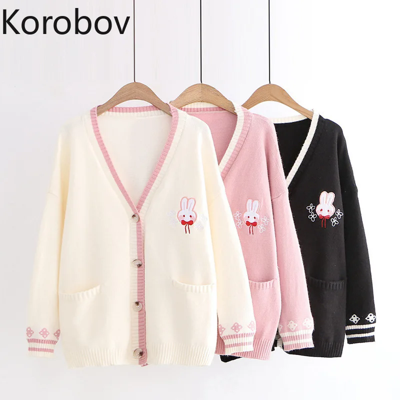 Korobov jesień zima nowy długi rękaw sweter kobiet swetry słodki V Neck Jumper Femme Kawaii dzianiny Sueter Mujer znosić