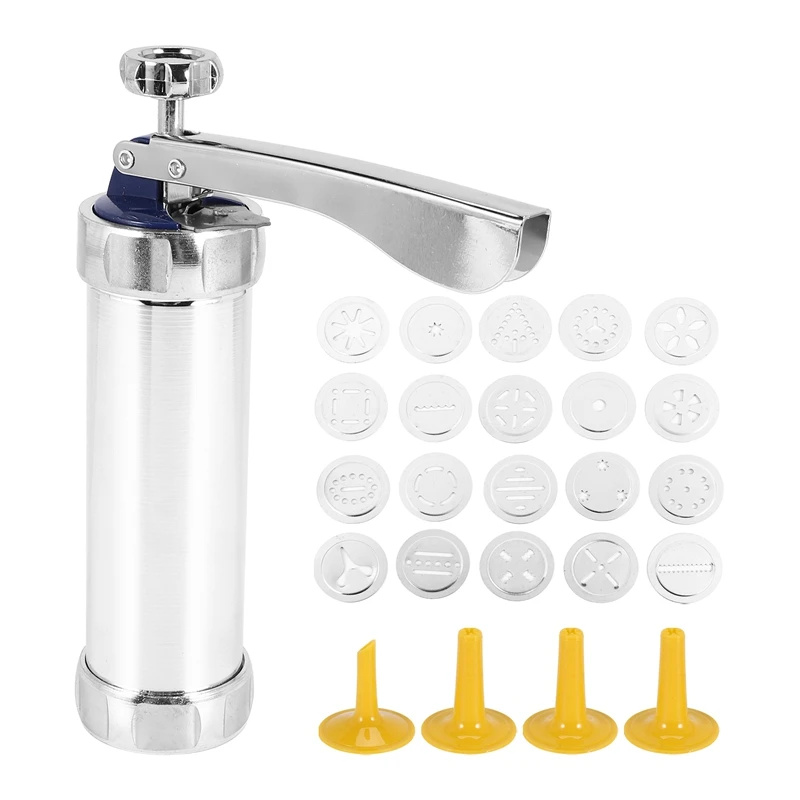 Cookie Press Stainless Steel Spritz Cookie Press,Icing Kit With 20 Cookie Mold Discs And 4 Piping Nozzle For DIY Biscuit