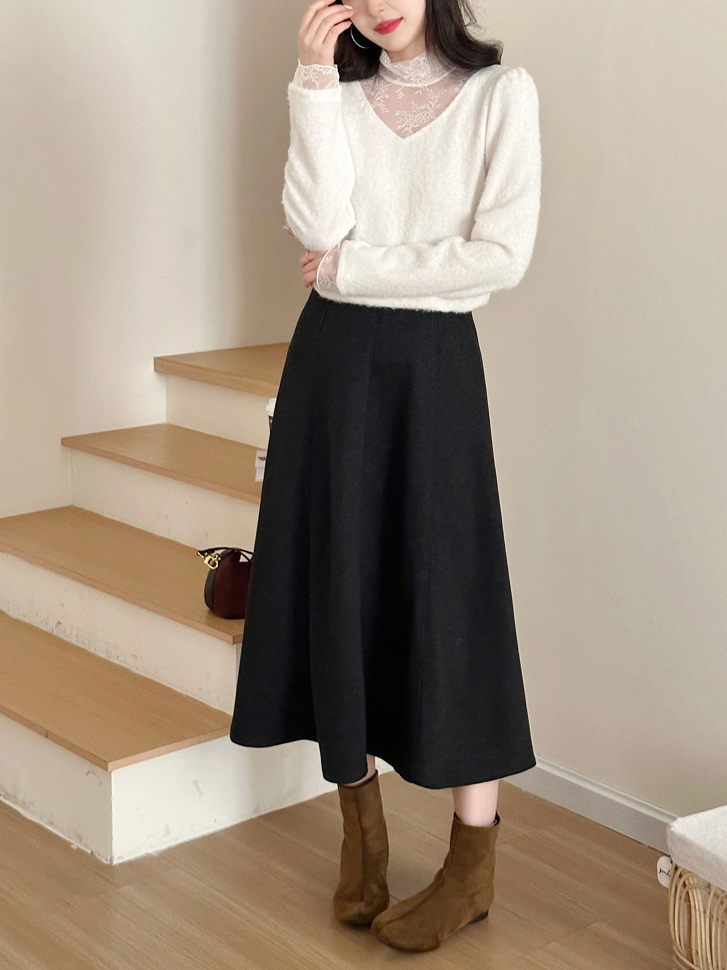 

SweetAnnie High Waist Woolen Midi Skirt for Women Busin Casual Sle Slimming A-Line Skirt Commute Friendly Ele