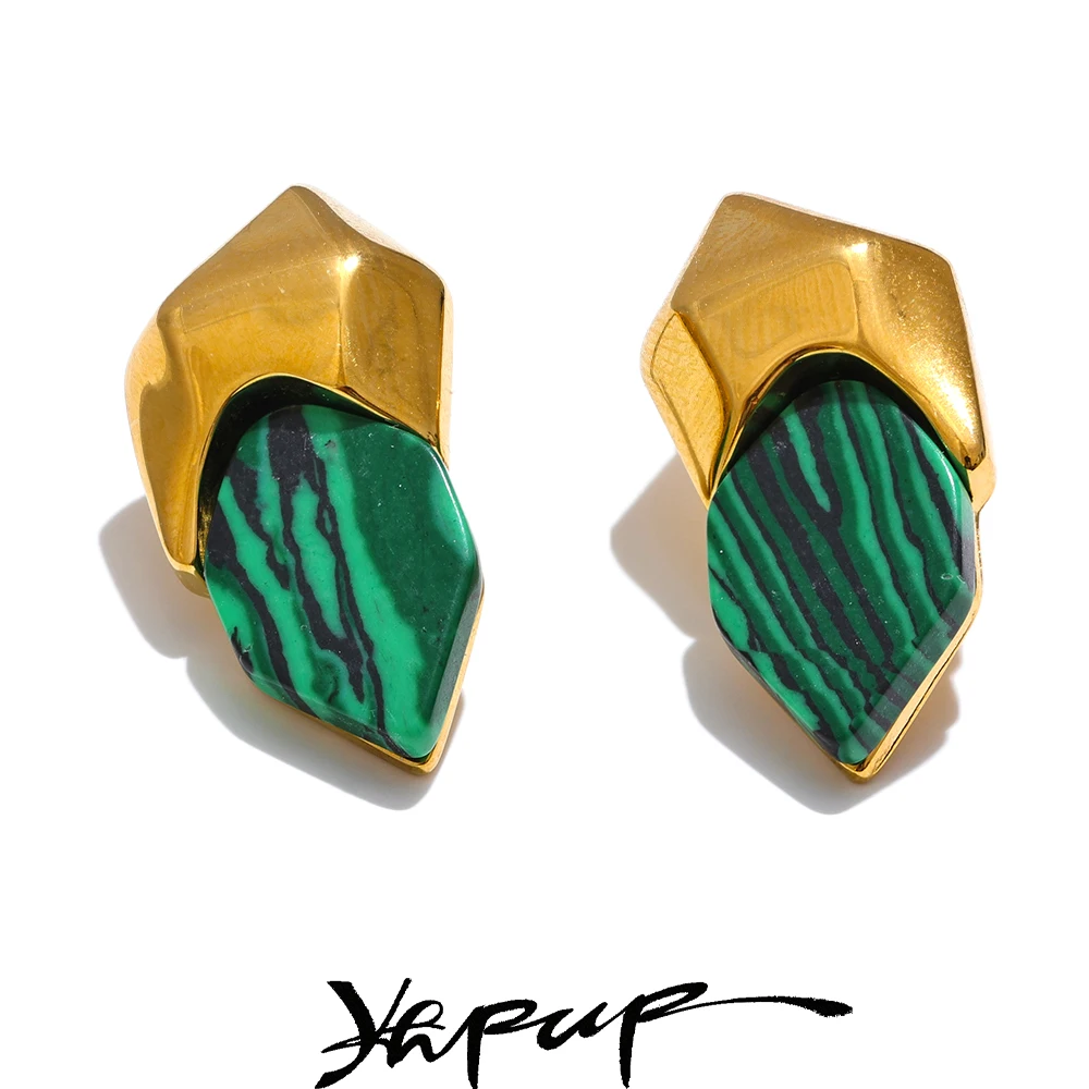 Yhpup 316L Stainless Steel Malachite Stone Geometric Green Stud Earrings High Quality Golden Fashion Jewelry Accessories Gift