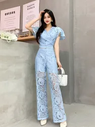 Korean Summer Style Celebrity Set Women's Lace V-neck Short Sleeve Top+High Waist Wide Leg Pants Two piece sets