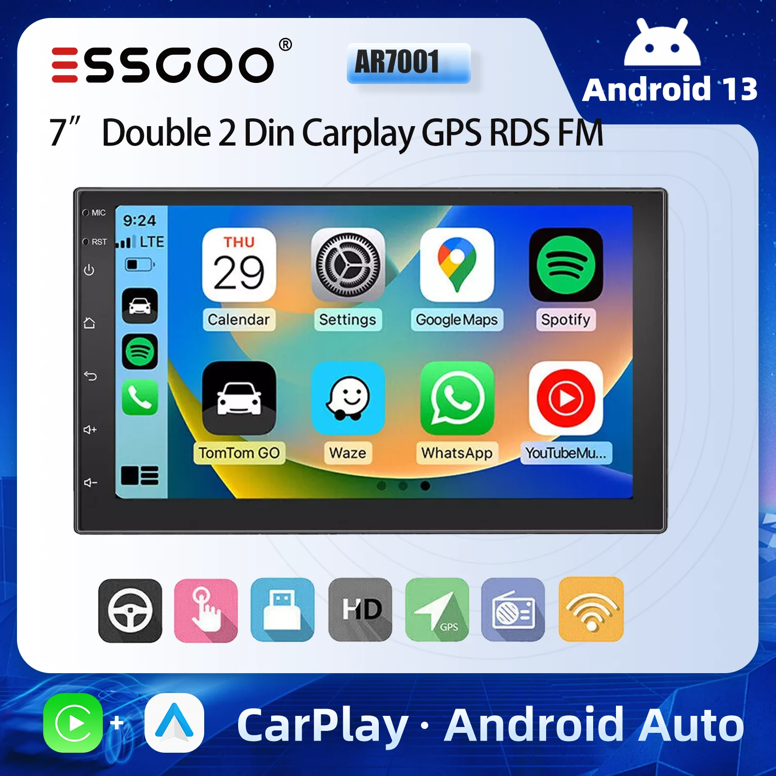 

ESSGOO 7" Universal Android 13 4+64G Carplay Android Auto Car Stereo Radio Double 2 DIN GPS Navigation FM RDS Bluetooth WIFI USB