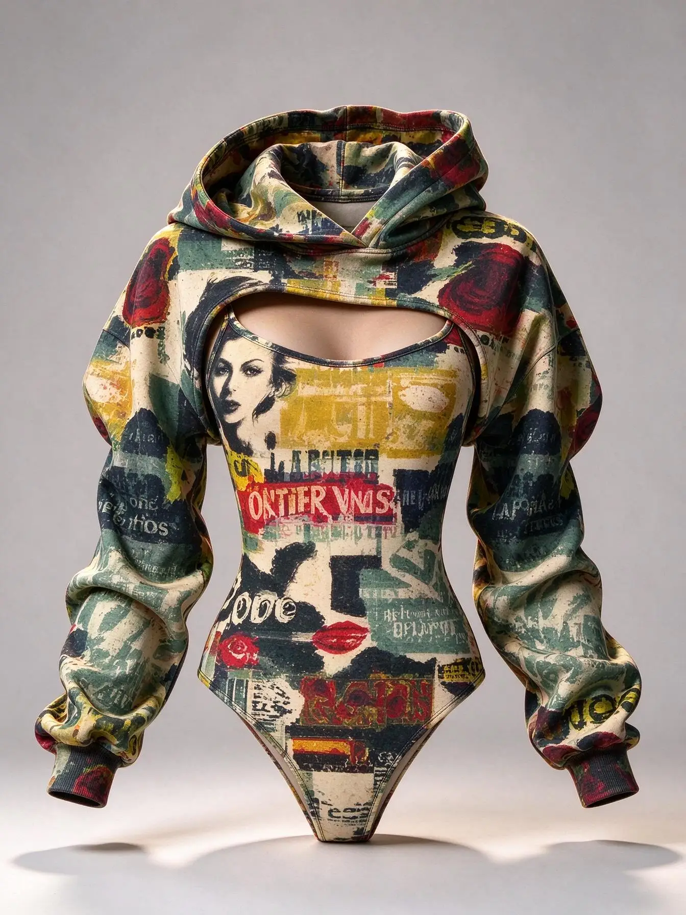 Women Vintage Newspaper Collage Print 2Pcs Outfit, Long Sleeve Hooded Shrug and Slim Spaghetti Strap Bodysuit