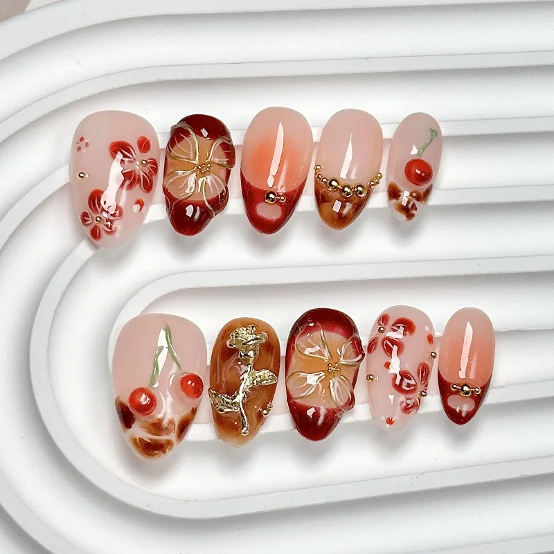 

10Pcs Short Almond Nails 3D Flowers Cherry Design Handmade Press on Nail Pearl Gradient French Red Fake Nails for Christmas Gift