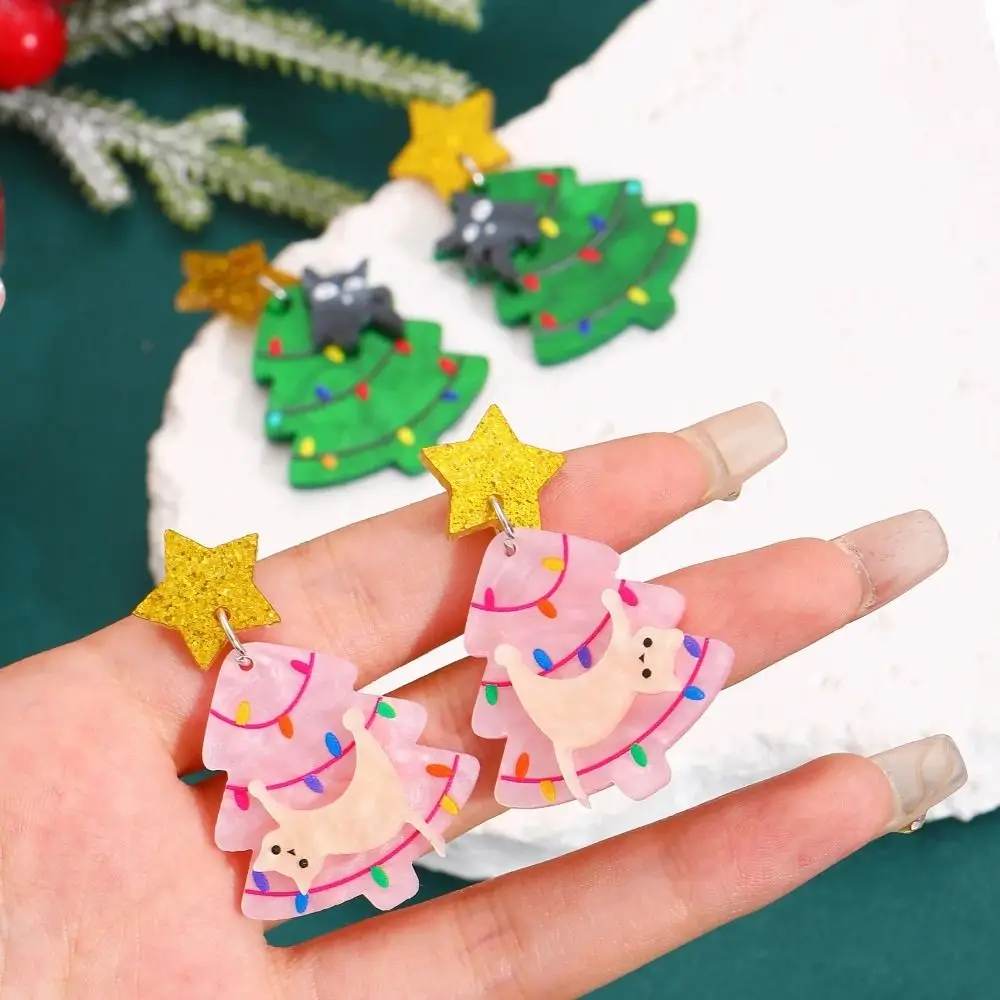 Sweet Acrylic Material Cat Earrings Cute Shape Cartoon Style Christmas Earrings Vivid Print Tree Earrings Christmas