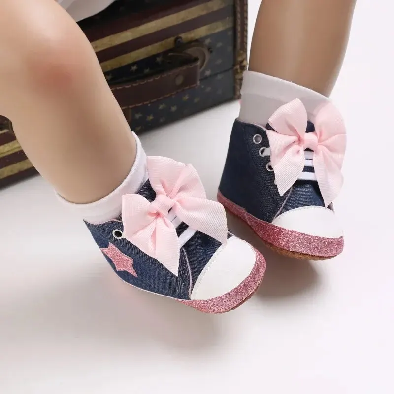 Meckior Baby Star Canvas Shoes Glittering Bowknot Soft Sole Anti Slip Baby Girls Shoes High-top Toddler Lace-up Princess Shoes