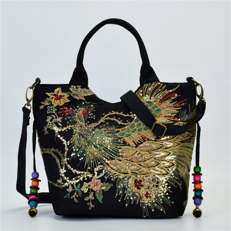 Shiny Sequins Peacock Embroidered Women Canvas Totes Bag, Summer Shopping Shoulder Bag Vintage Beaded String Handbag Black