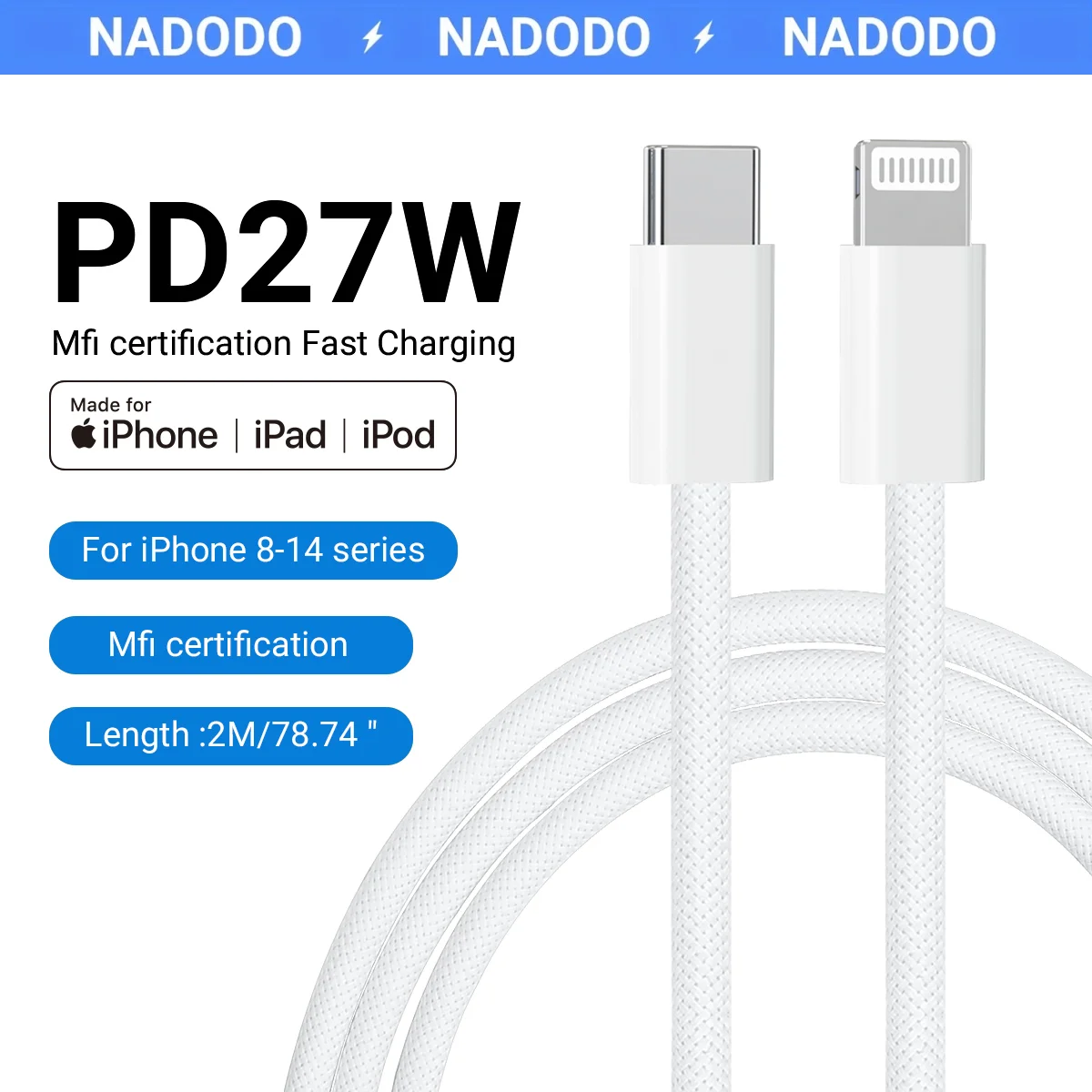 NADODO Nylon Braided USB C to Lightning Cable 27W PD Fast Charging Cord for iPhone 14 13 12 Charger Cable MFi Certified White