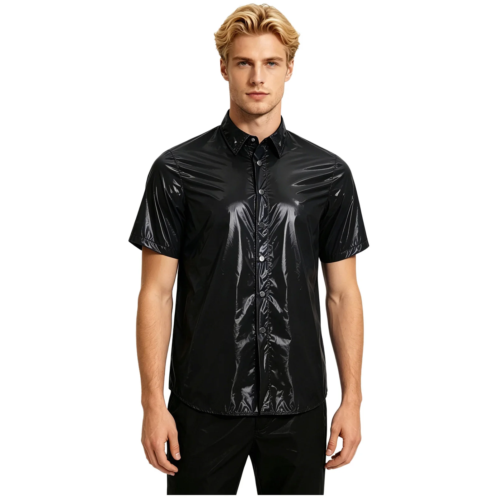 Mens Waterproof Shiny PVC Short Sleeve Shirt Glossy Button-Up Raincoat Short Sleeve Front Button Lapel Wet Look T-shirt Blouse