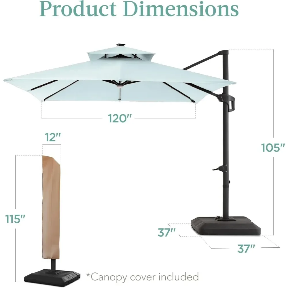 2-Tier Square Cantilever Patio Umbrella with Solar LED Lights, Offset Hanging Outdoor Sun Shade for Backyard , 360 Rotation