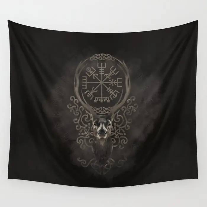 Deer And Vegvisir - Viking Navigation Compass Tapestry Wall Hanging Hippie Tapestries Rugs Home Living Room Dorm Decor Blanket