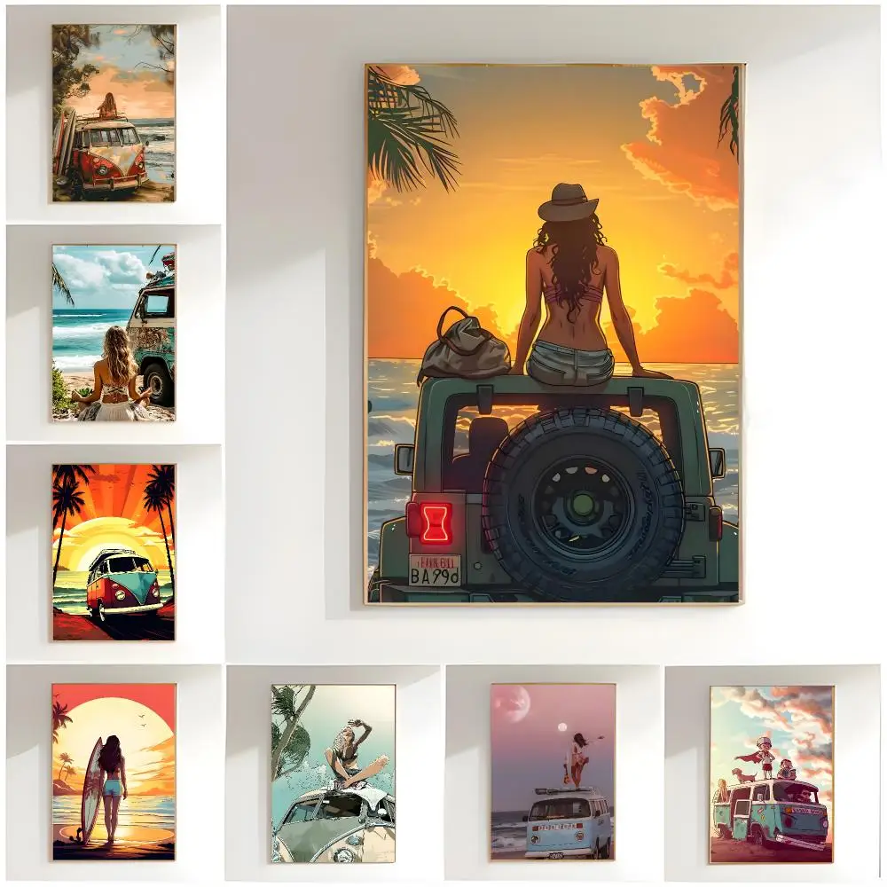 cute vehicle c-combi van Poster Classic Wall Art  Home Decor  Peel and Stick Unframed